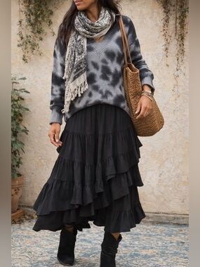 Boho Tie Dye Sweater Women’s Medium Gray Black Cotton V Neck